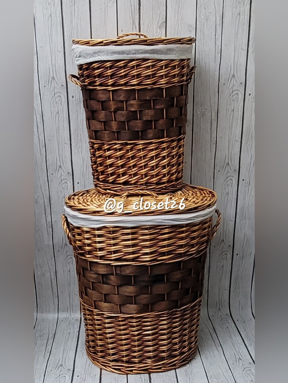 Pair of Wovenv Wicker Brown & Tan Laundry Basket with White Liners